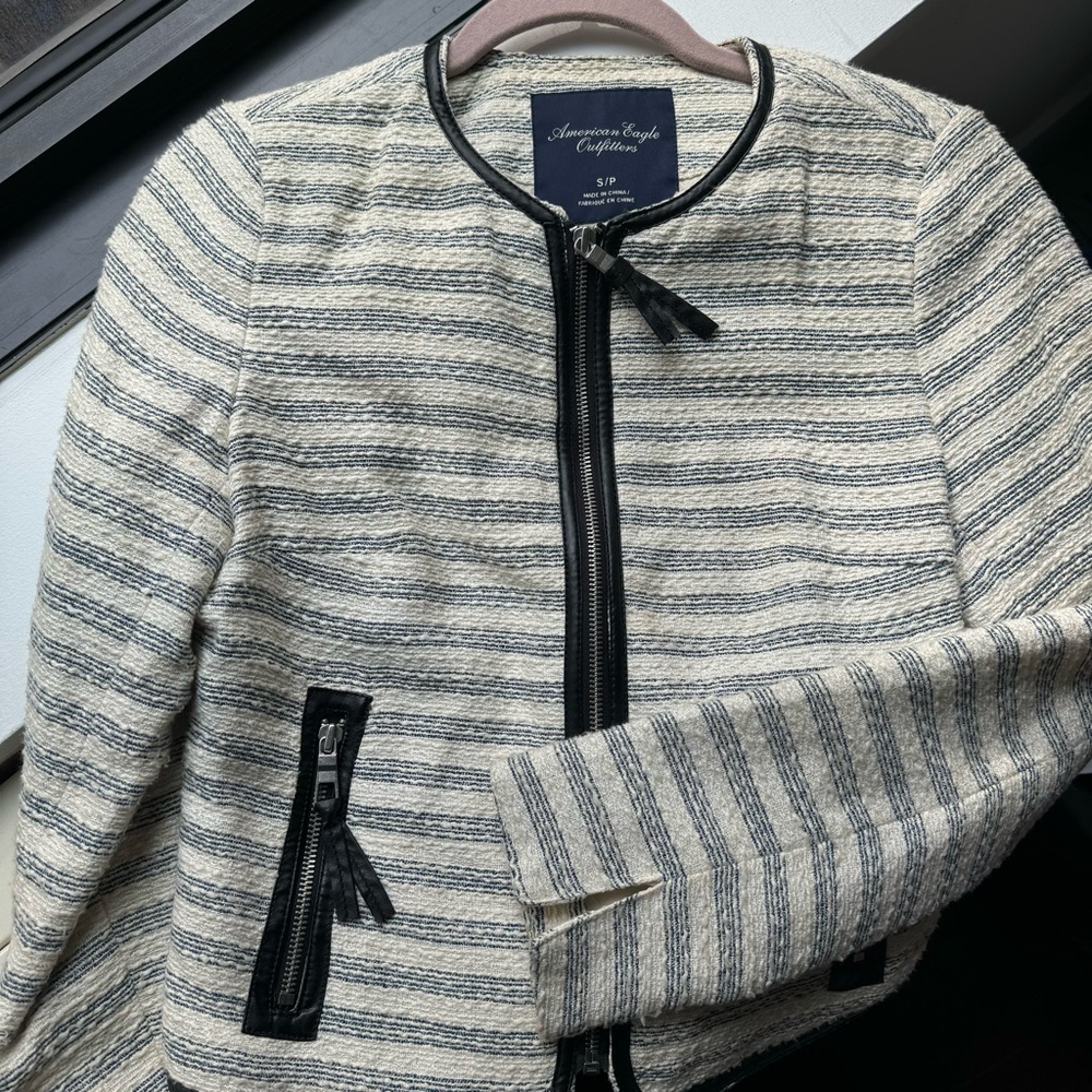 American Eagle Tweed Jacket with Leather Trim